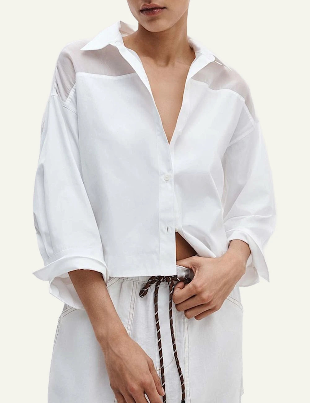 Rag &amp; Bone white cotton shirt with organza details front detail view
