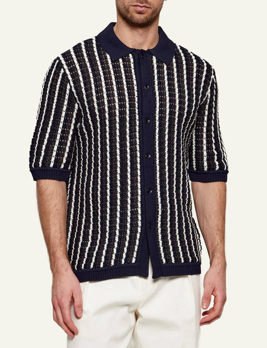 rag & bone dalton striped knit polo cardigan navy front view