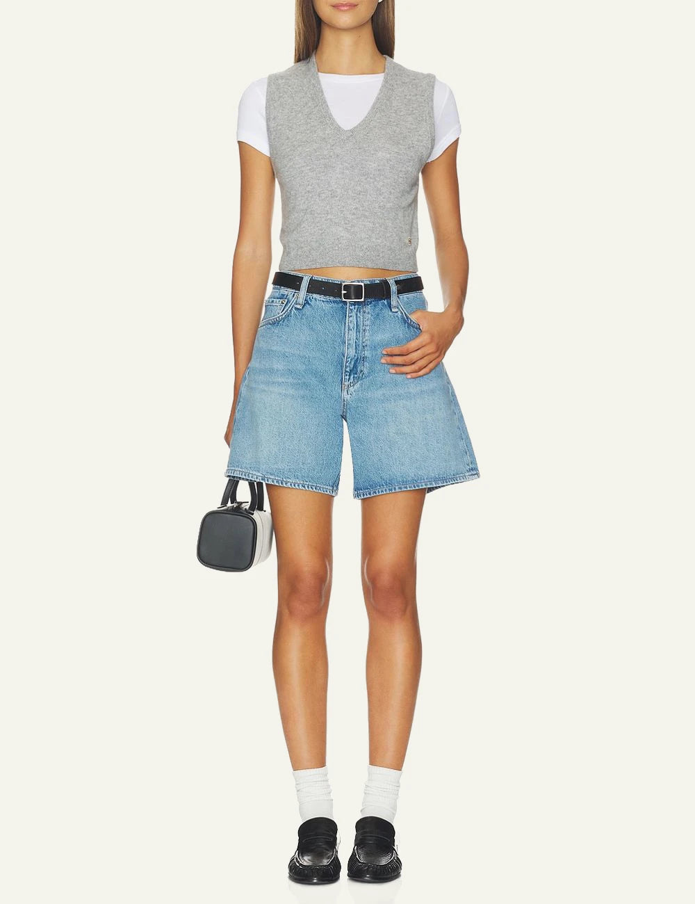 Rag &amp; Bone light blue denim shorts wide leg front full body view