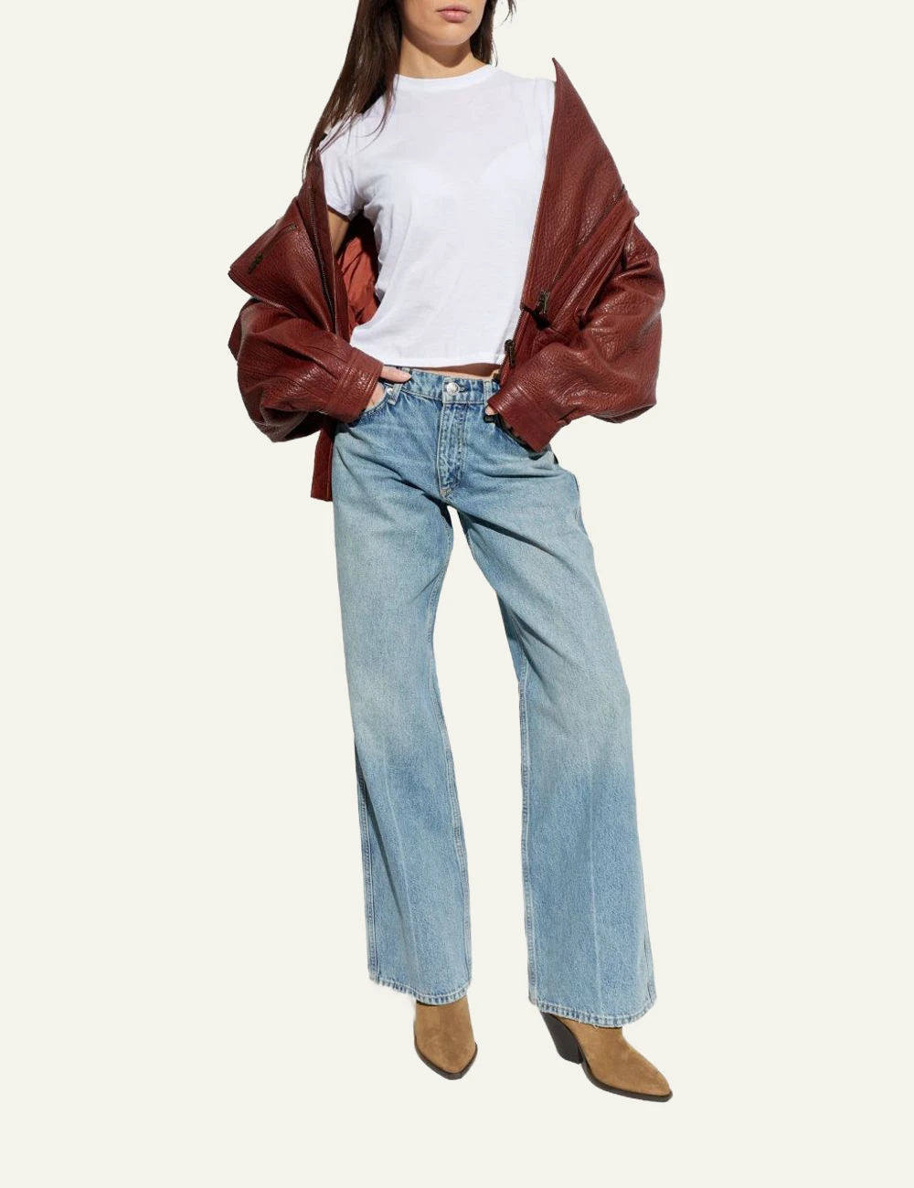 Rag &amp; Bone light blue wide leg denim jeans front full body view