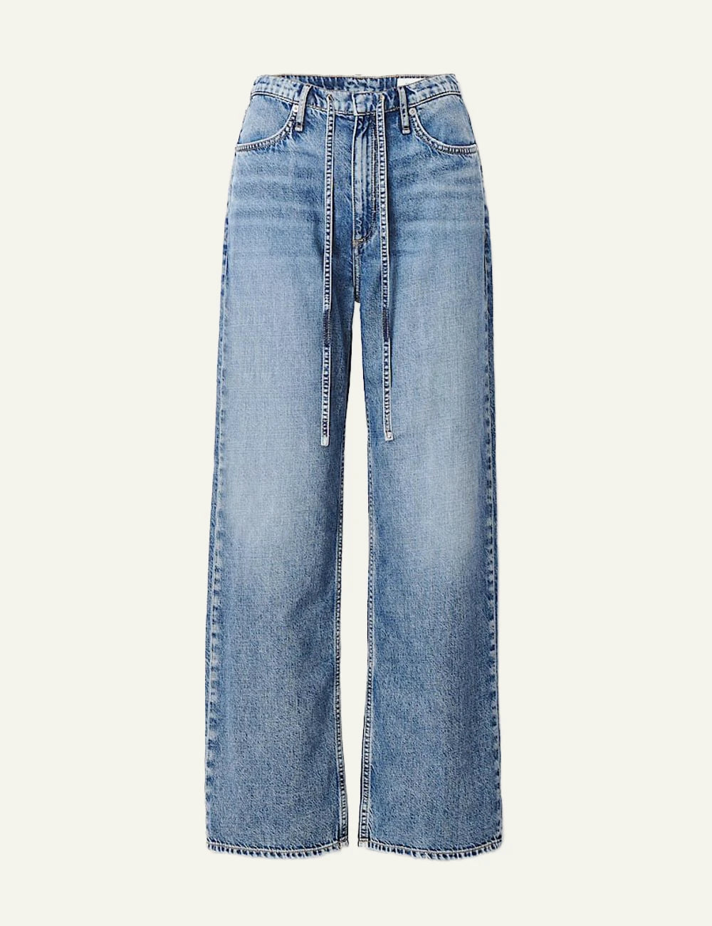 Rag &amp; Bone light blue wide leg denim jeans with self tie waist front view