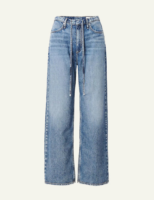 Rag &amp; Bone light blue wide leg denim jeans with self tie waist front view
