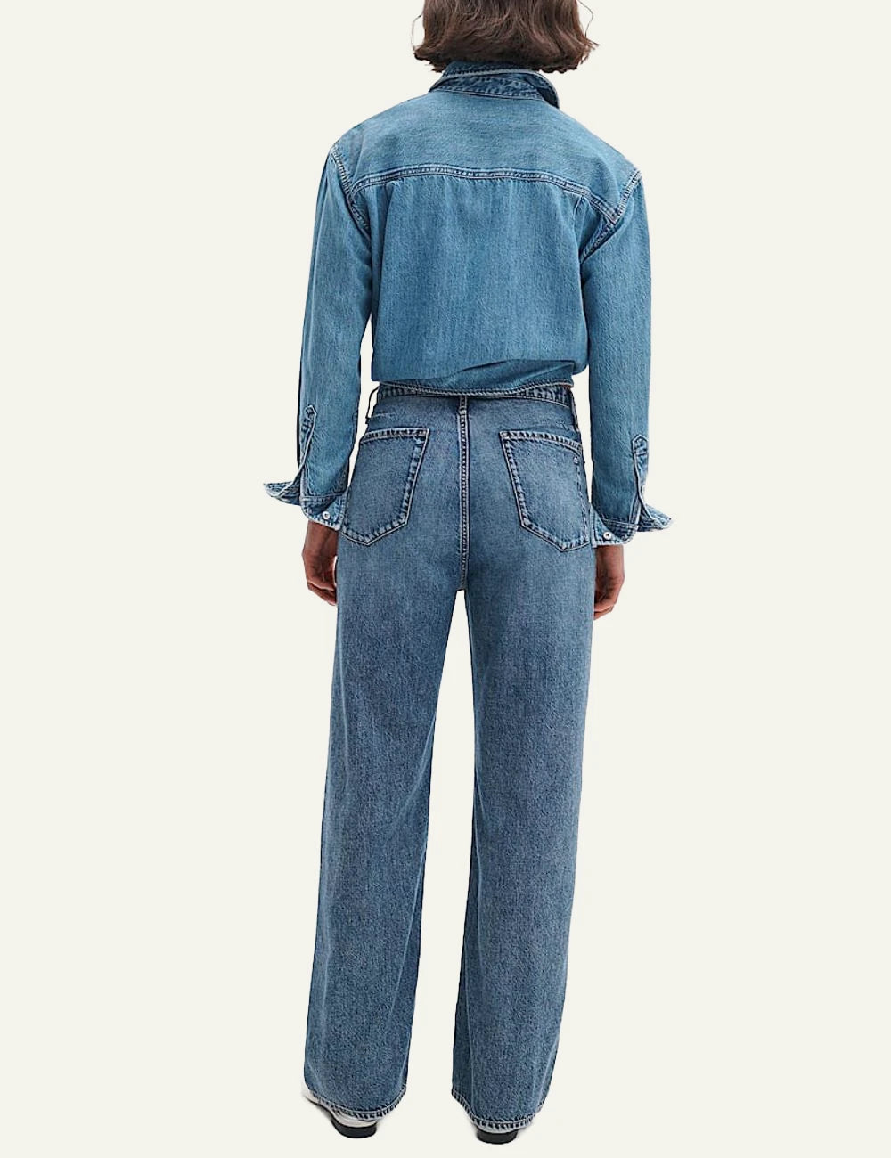 Rag &amp; Bone light blue wide leg denim jeans with self tie waist back view