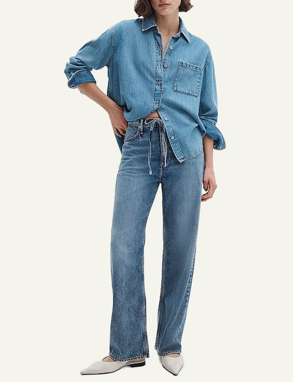 Rag &amp; Bone light blue wide leg denim jeans with self tie waist front full body view