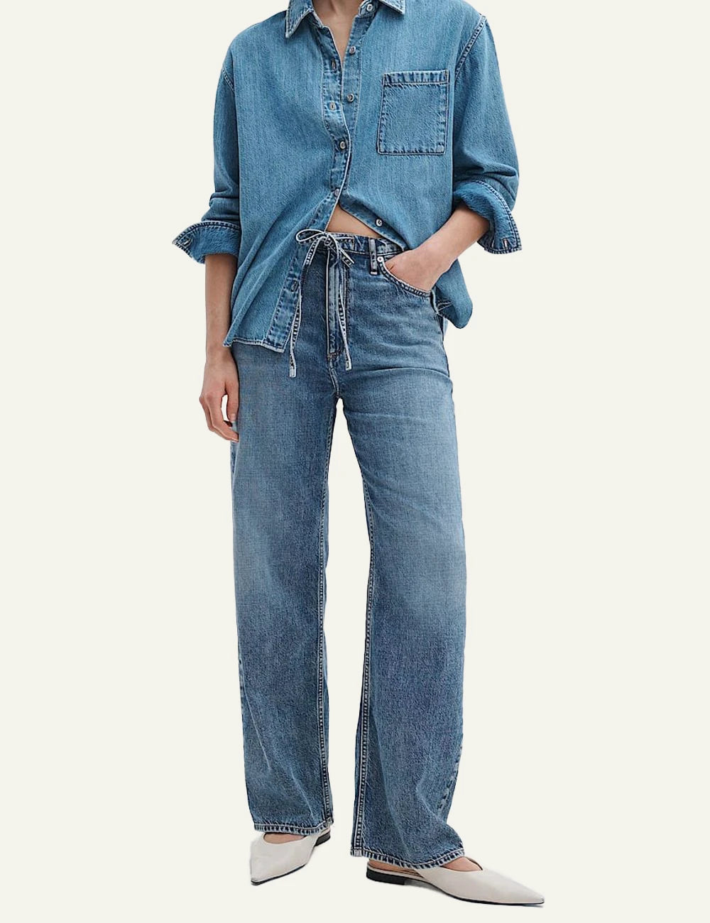 Rag &amp; Bone light blue wide leg denim jeans with self tie waist front model view