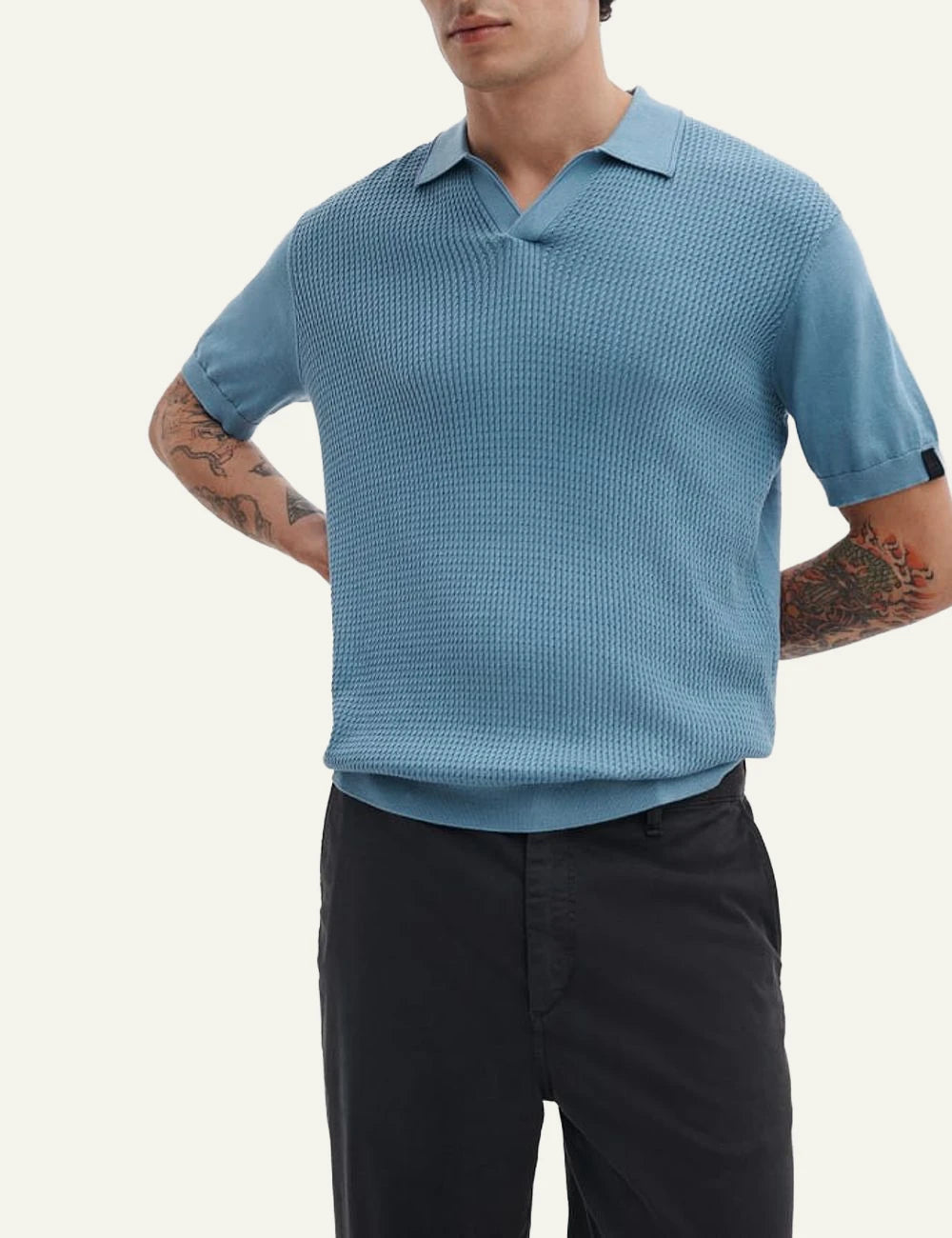 rag & bone silk cotton knit polo light blue johnny collar front model view