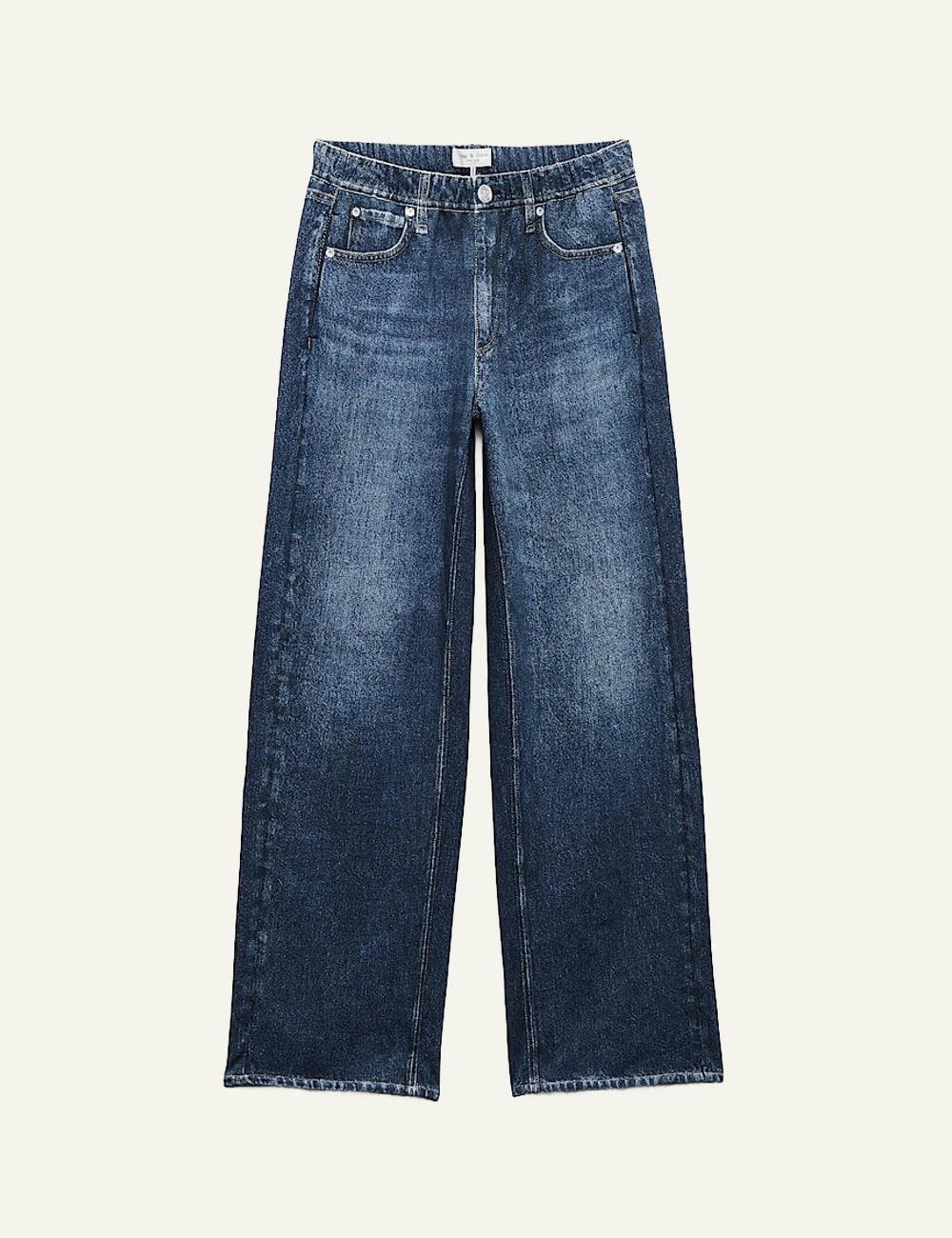 Rag &amp; Bone trompe l'oeil denim print wide leg pants dark blue front view