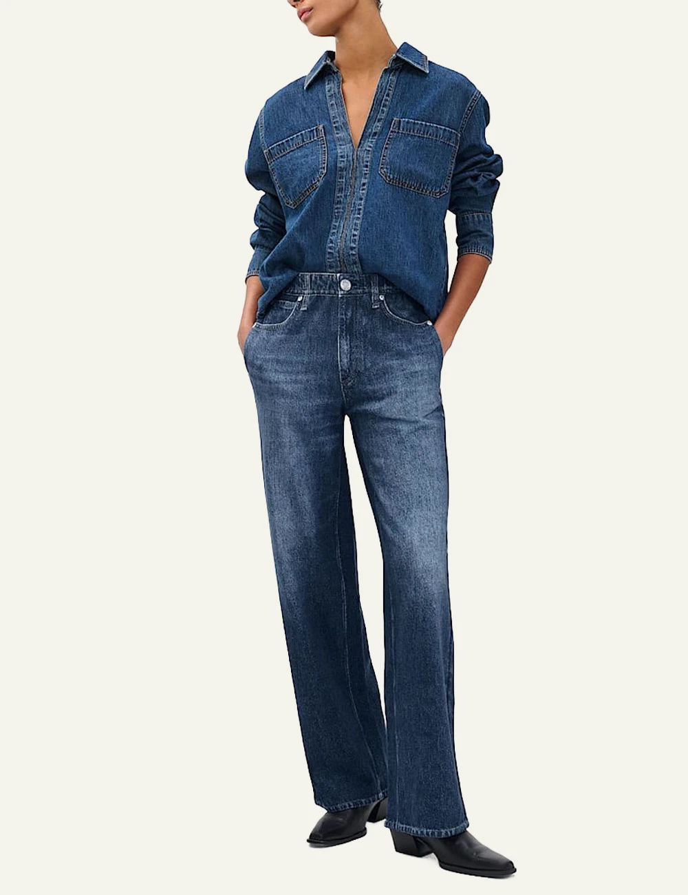 Rag &amp; Bone trompe l'oeil denim print wide leg pants dark blue front full body view