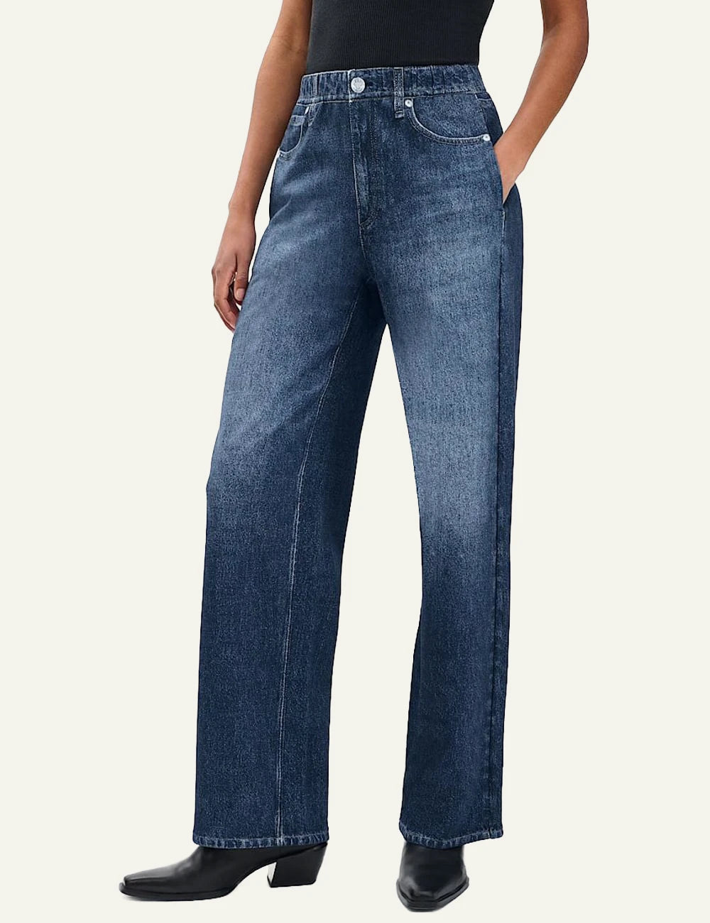Rag &amp; Bone trompe l'oeil denim print wide leg pants dark blue front model view