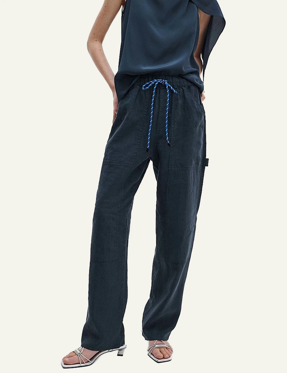 Rag &amp; Bone utility wide leg pants dark blue drawcord waist front model view