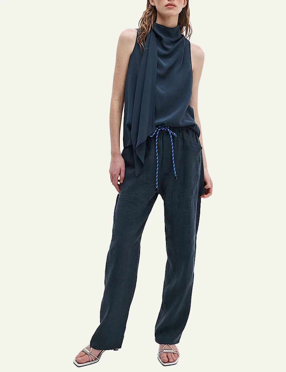 Rag &amp; Bone utility wide leg pants dark blue drawcord waist front full body view