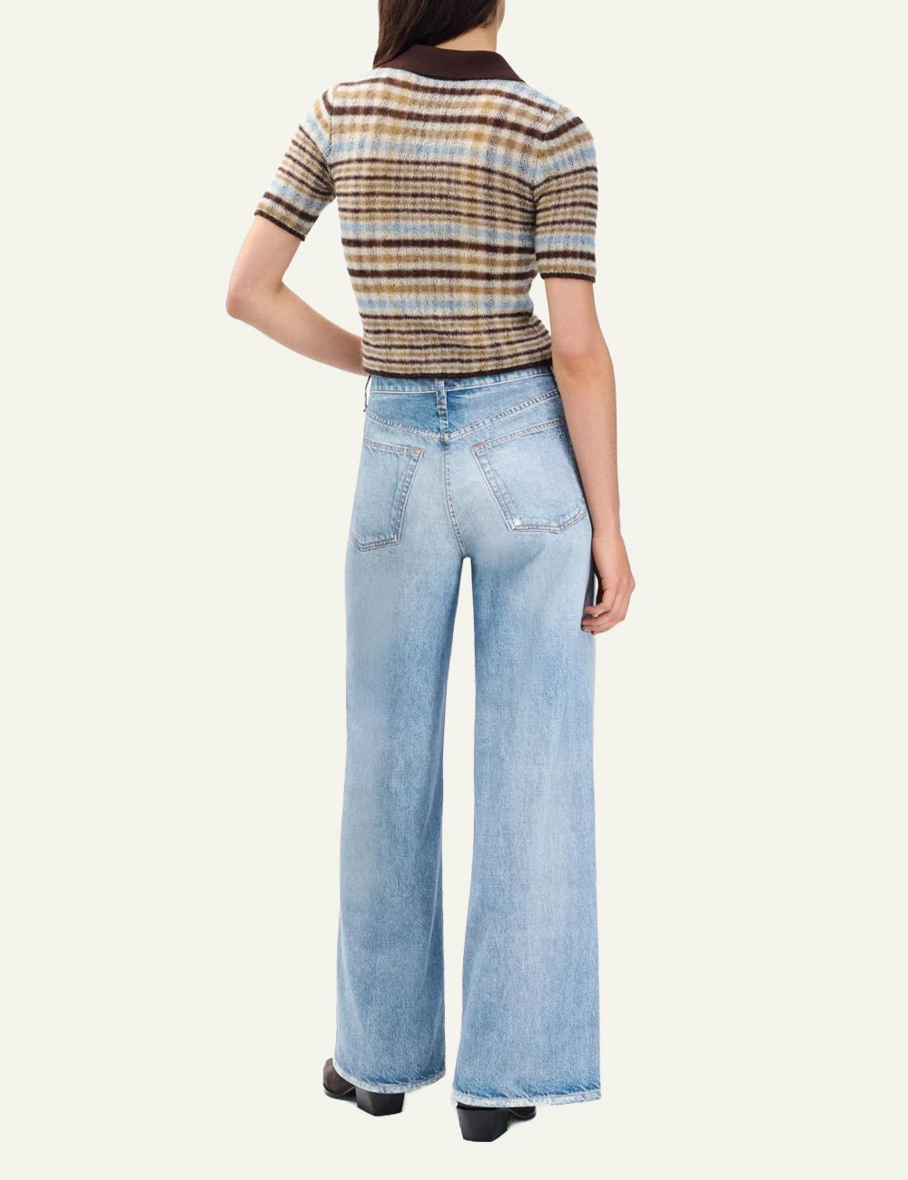 Rag &amp; Bone light wash wide leg trompe l'oeil denim pants back view