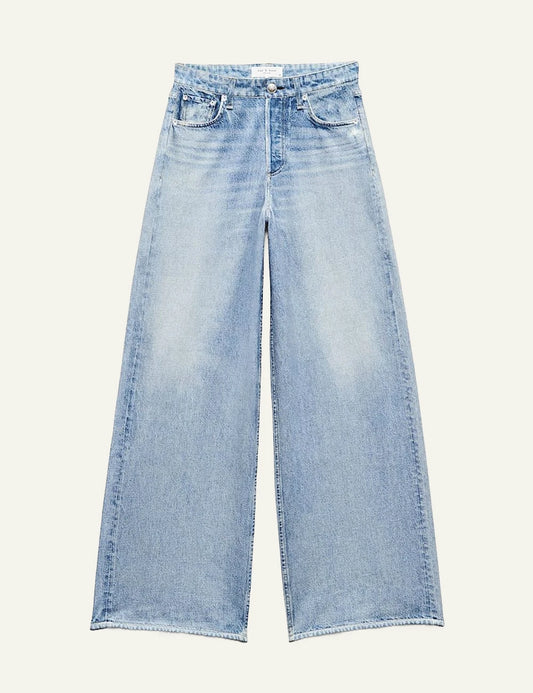 Rag &amp; Bone light wash wide leg trompe l'oeil denim pants front view