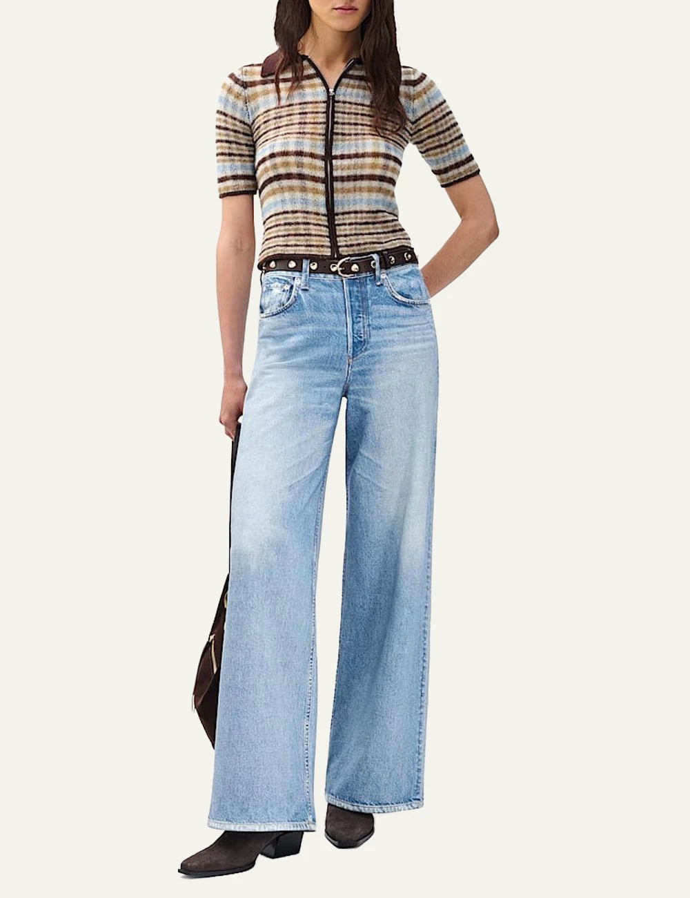 Rag &amp; Bone light wash wide leg trompe l'oeil denim pants front full body view