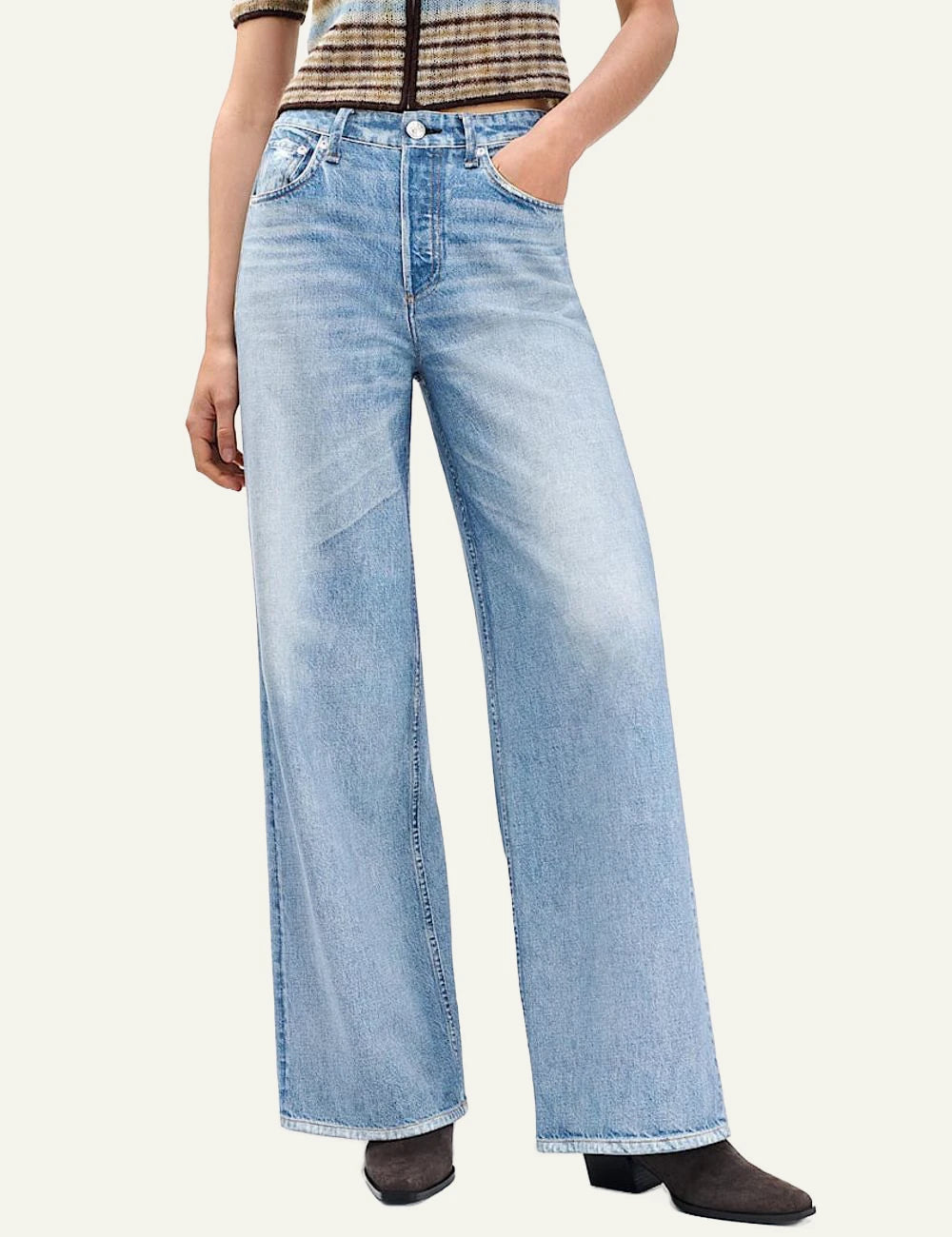 Rag &amp; Bone light wash wide leg trompe l'oeil denim pants front model view