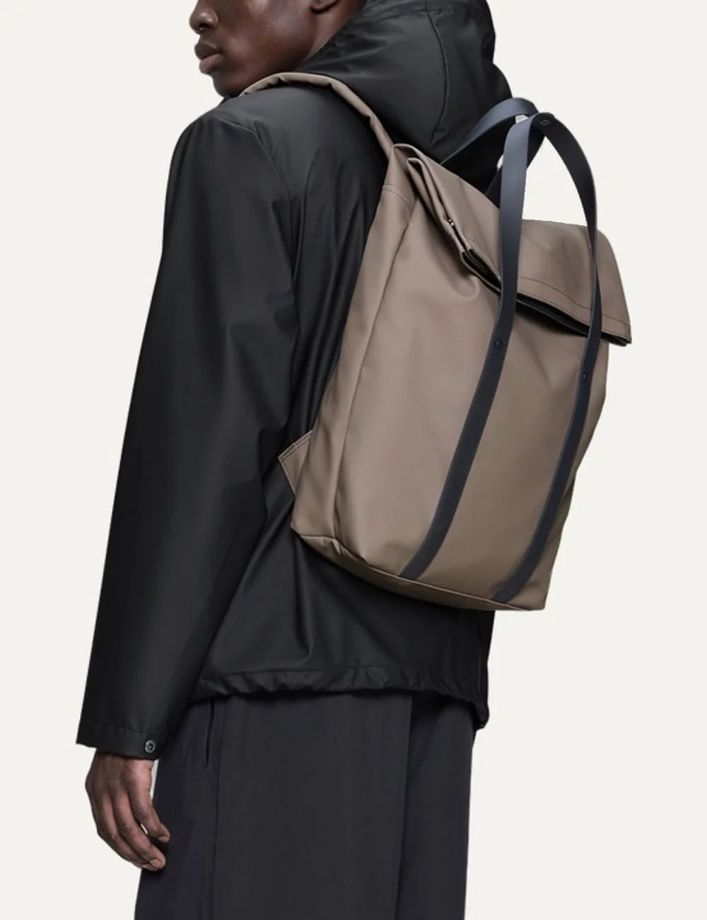 Rains Unisex Grey Beige Waterproof Convertible Tote Backpack model