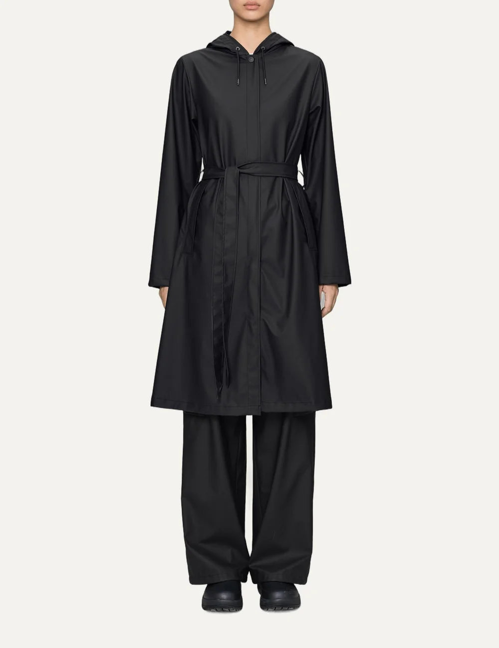 Rains Women’s Black Waterproof A-Line Long Raincoat full body