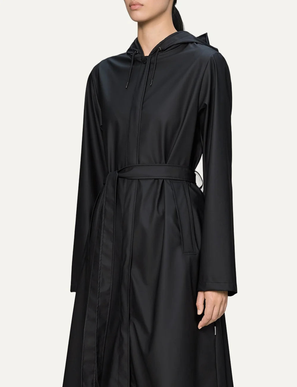 Rains Women’s Black Waterproof A-Line Long Raincoat side