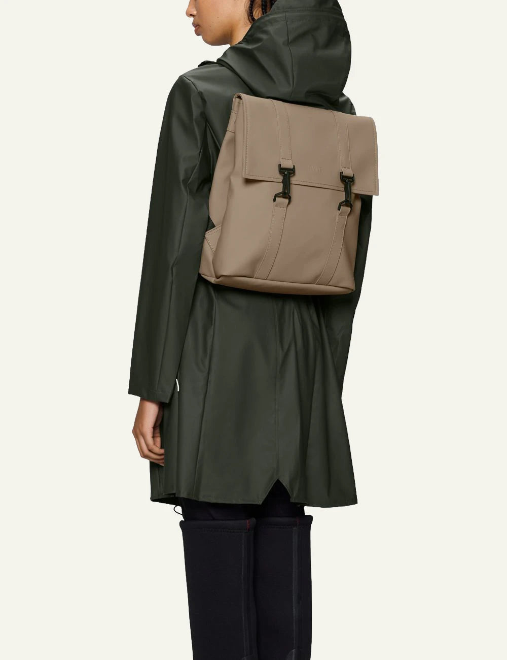 Rains Backpack Taupe model back view