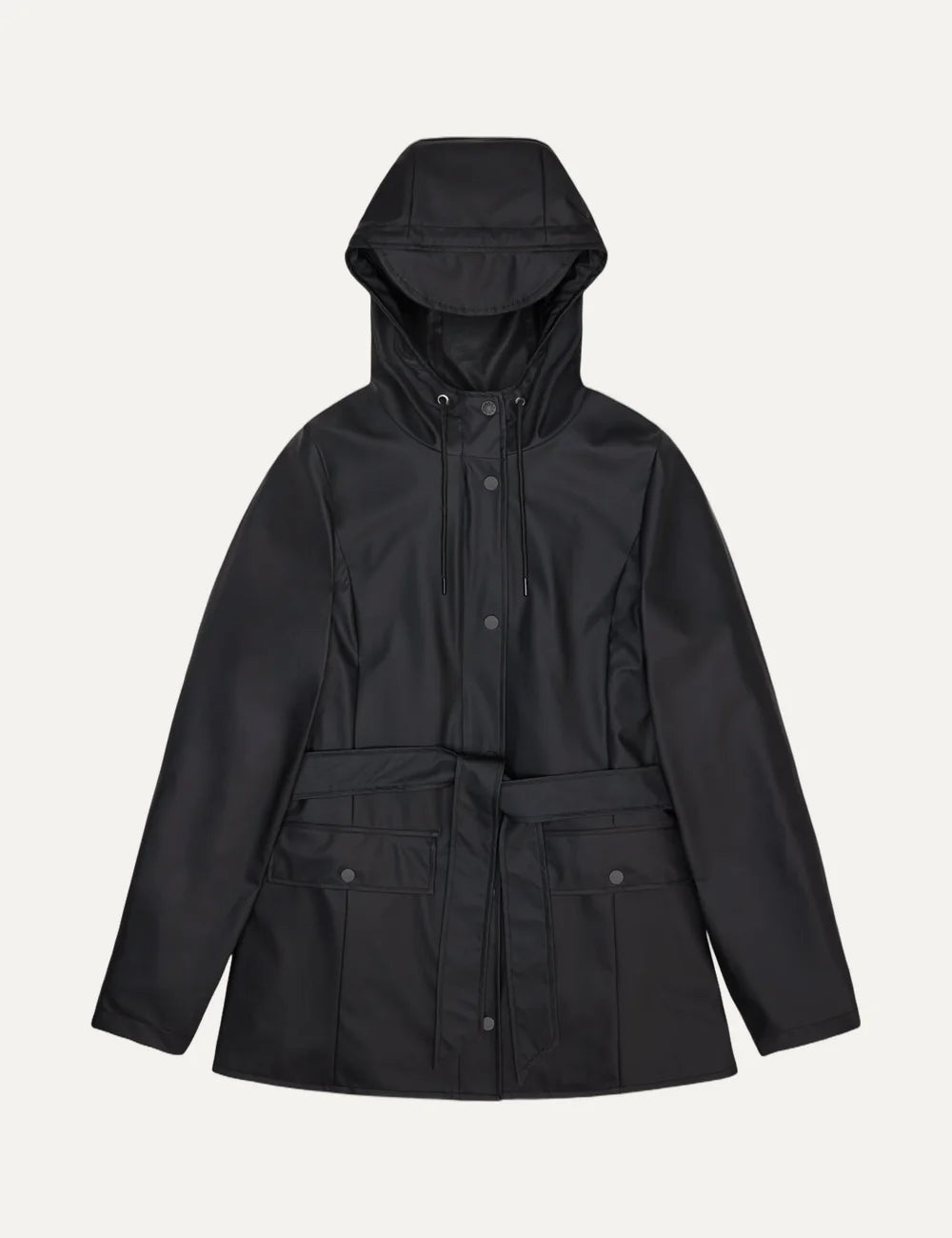  Rains Women’s Black Waterproof Belted Hooded Jacket