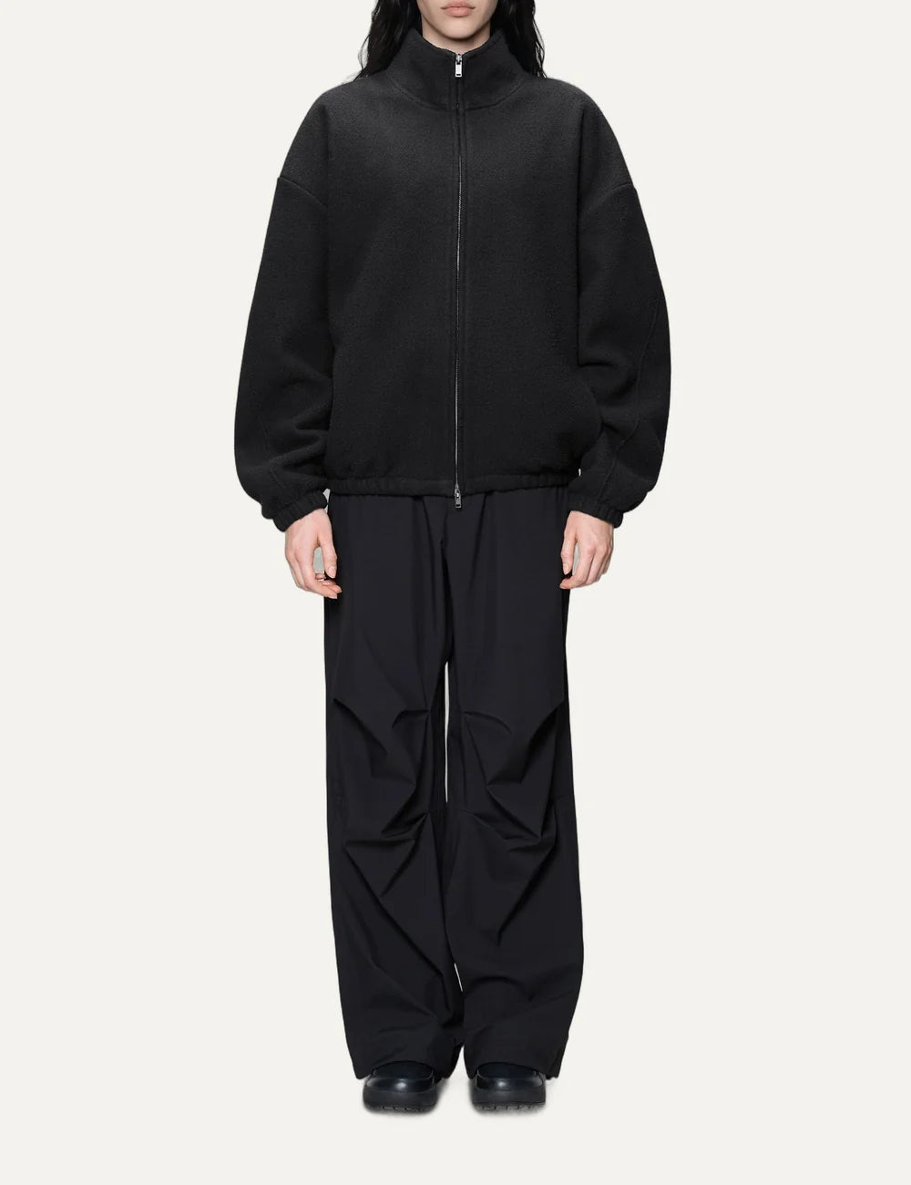Rains Women’s Black Heavyweight Fleece Zip Jacket full body
