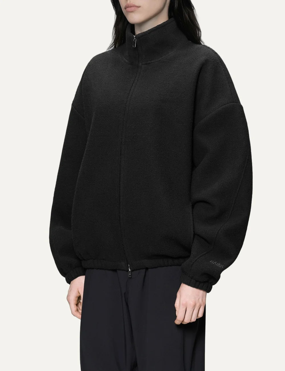 Rains Women’s Black Heavyweight Fleece Zip Jacket detail