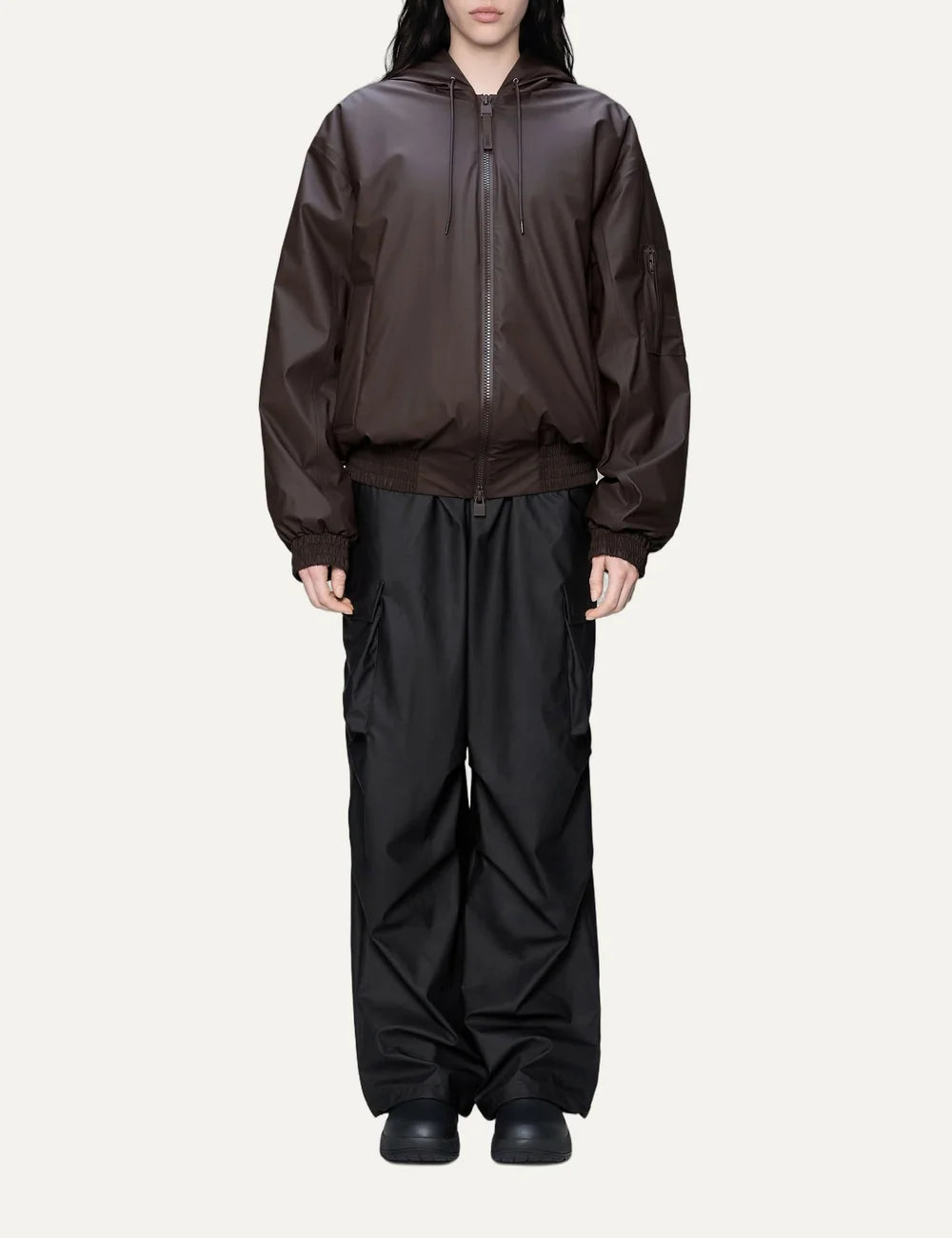 Rains Women’s Dark Brown Waterproof Insulated Bomber Jacket full body