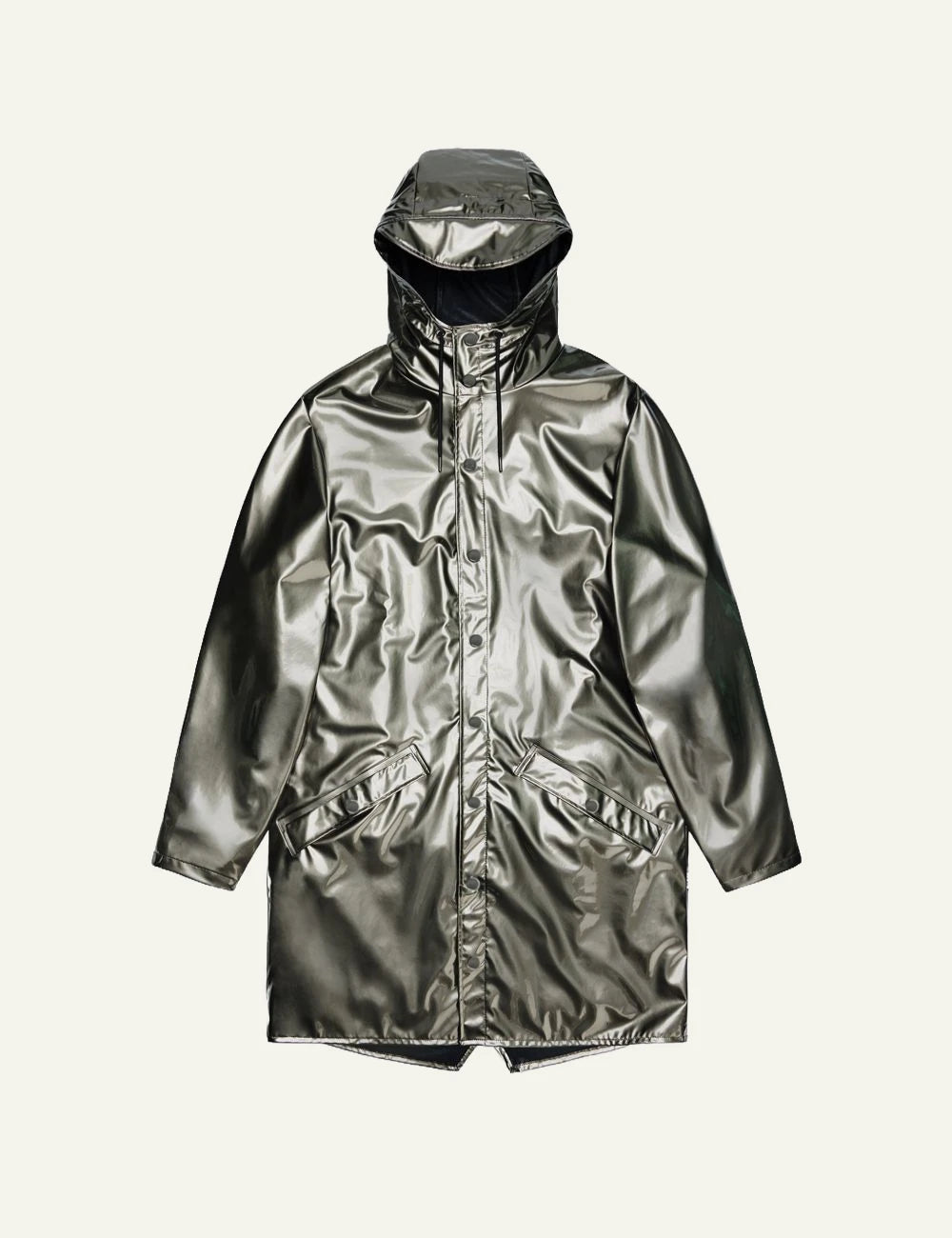 Rains Long Jacket metallic olive gloss  front flat