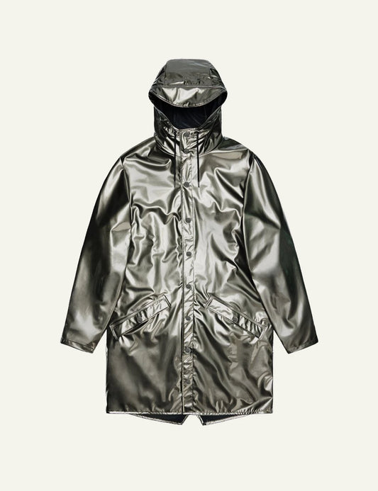 Rains Long Jacket metallic olive gloss  front flat