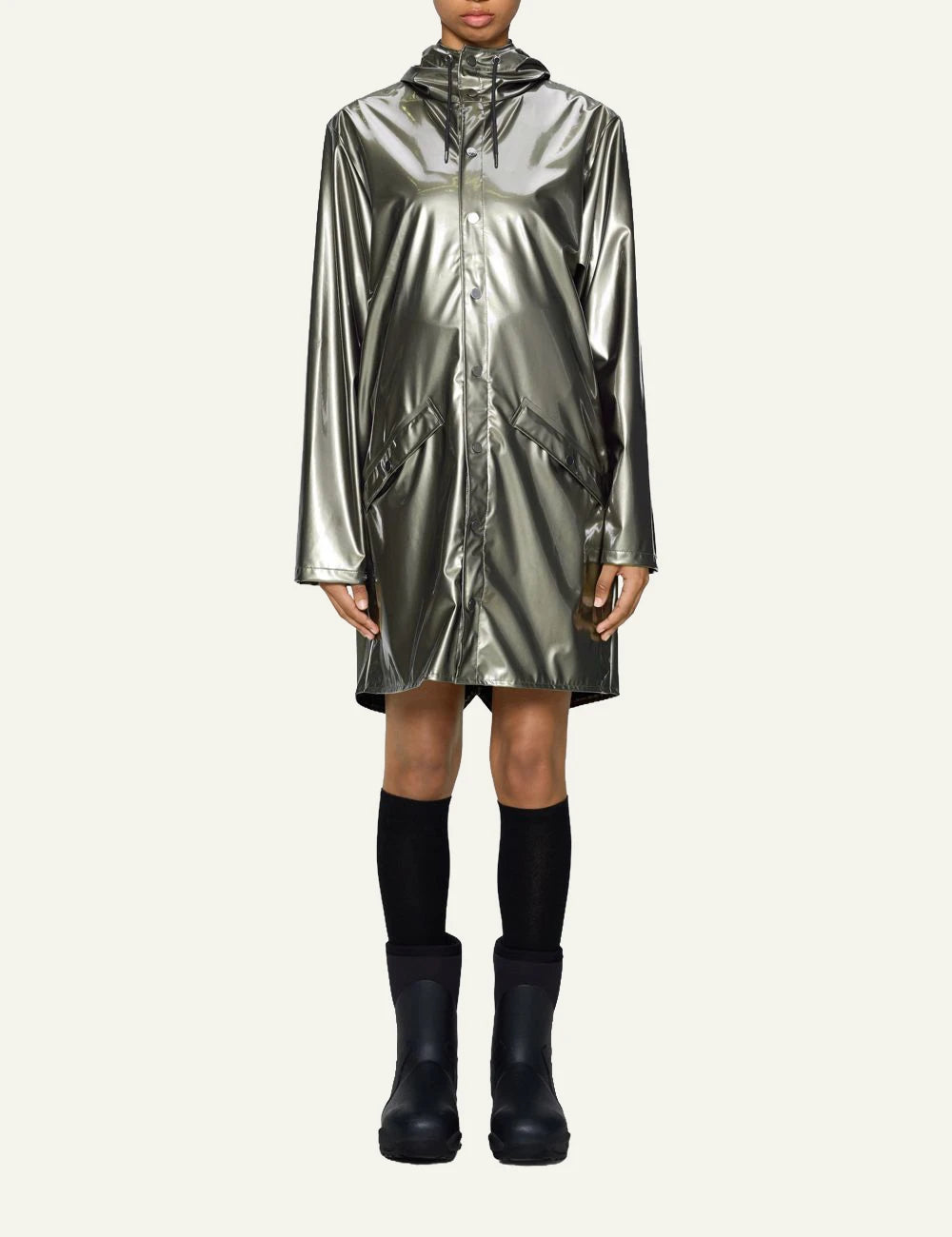 Rains Long Jacket metallic olive gloss full front body