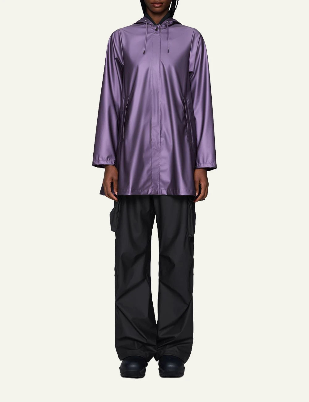 Rains Long Jacket metallic purple gloss full front body