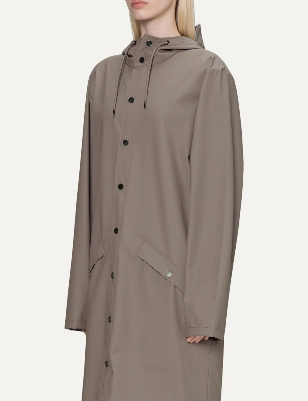 Rains Women’s Grey Beige Waterproof Long Hooded Jacket model