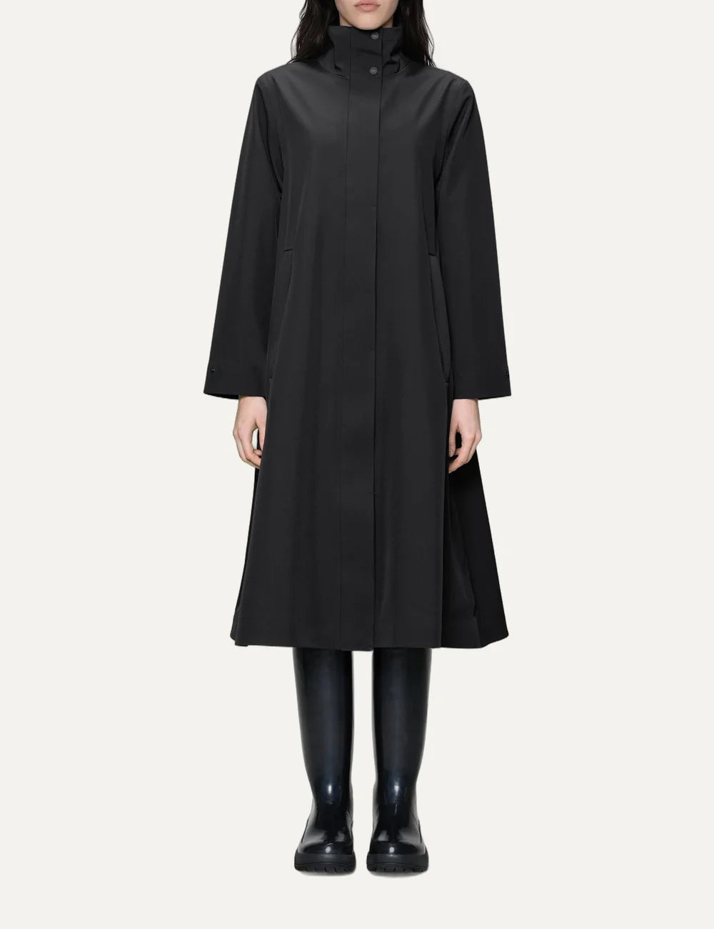 Rains Women’s Black Waterproof Softshell A-Line Long Jacket full body