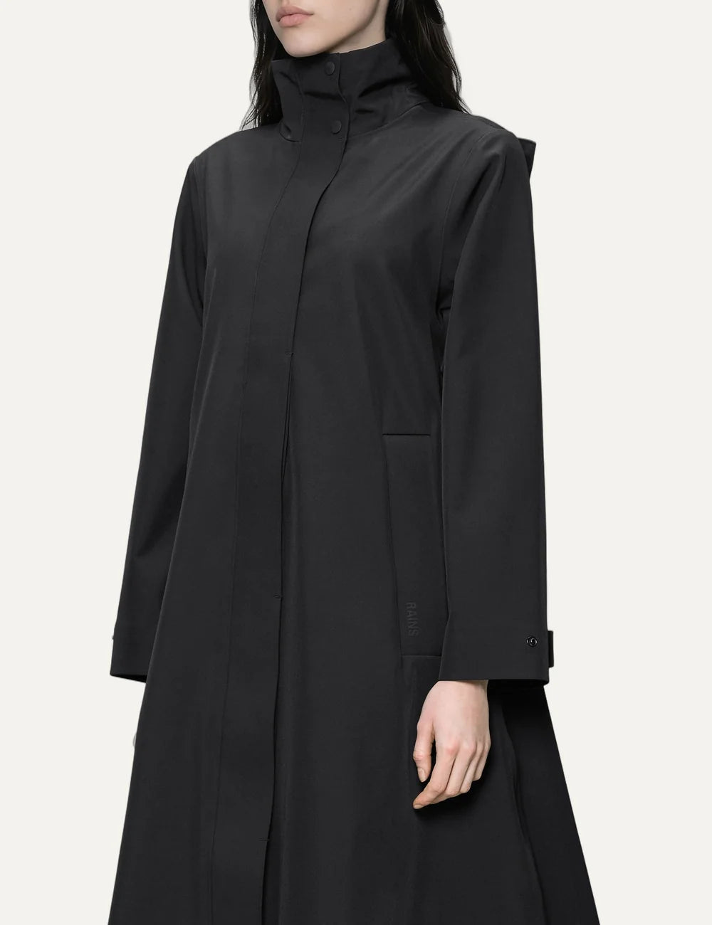 Rains Women’s Black Waterproof Softshell A-Line Long Jacket side