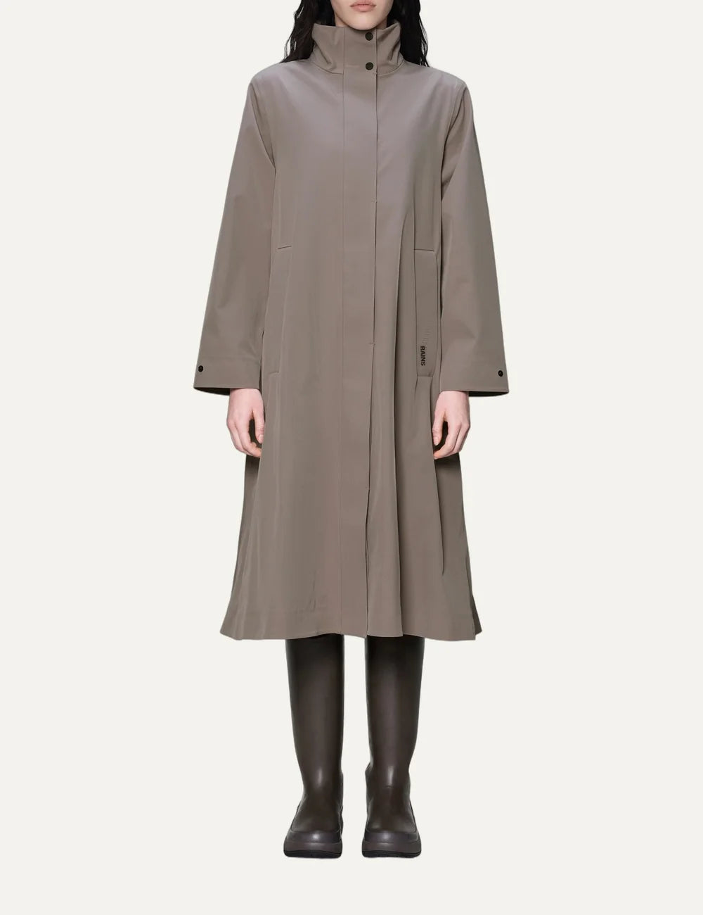  Rains Women’s Grey Beige Waterproof Softshell A-Line Long Jacket full body