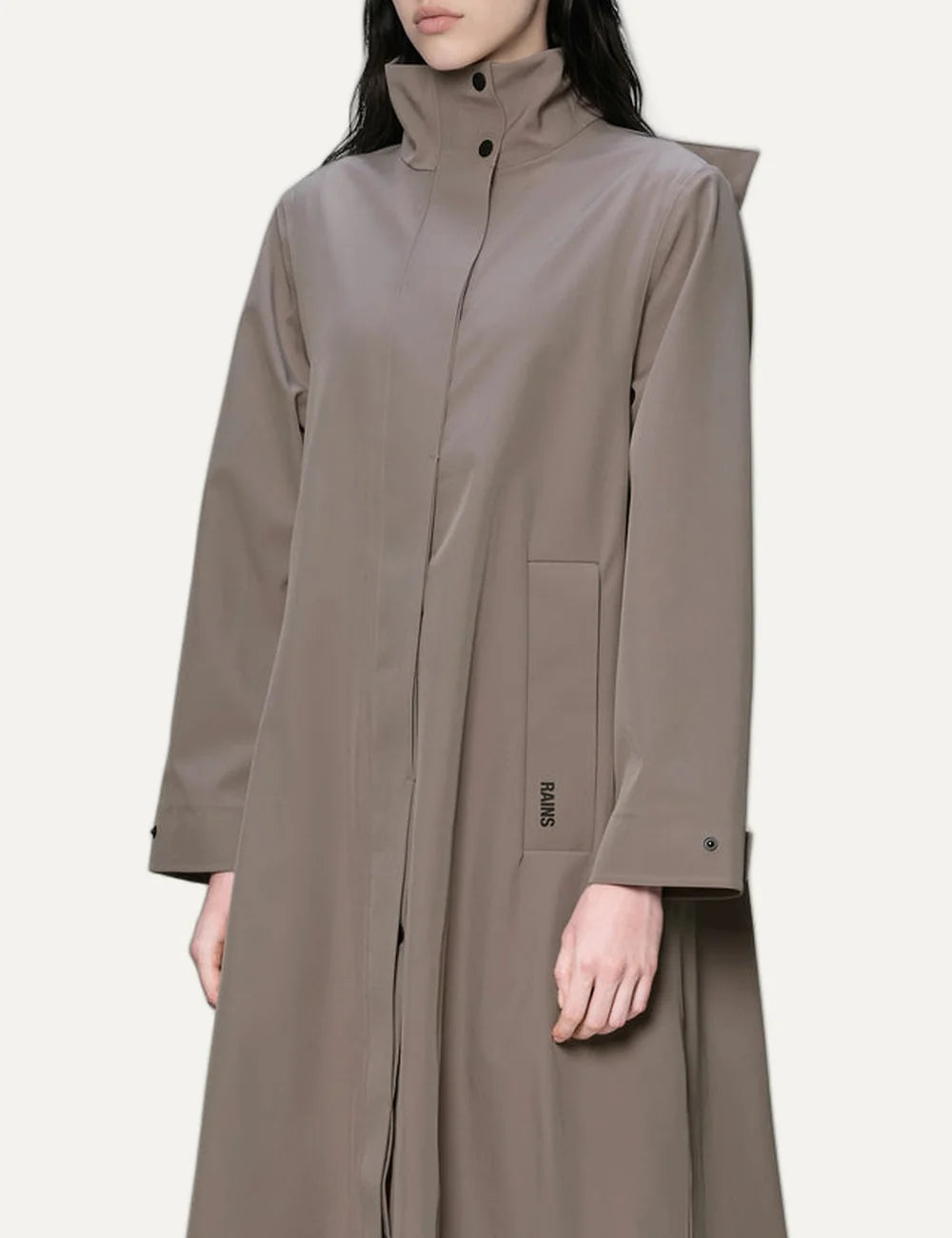  Rains Women’s Grey Beige Waterproof Softshell A-Line Long Jacket detail