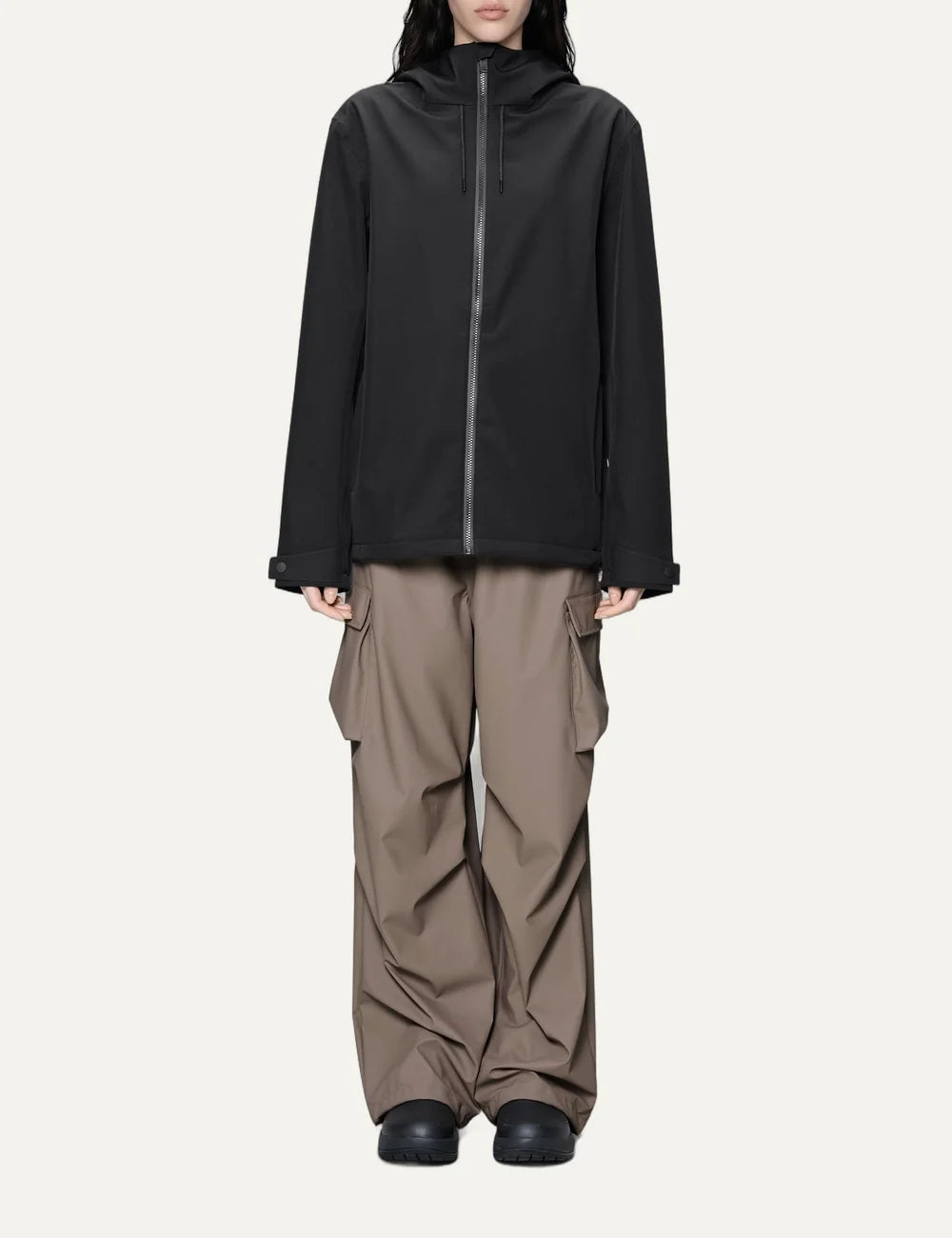 Rains Women’s Black Waterproof Softshell Hooded Jacket full body