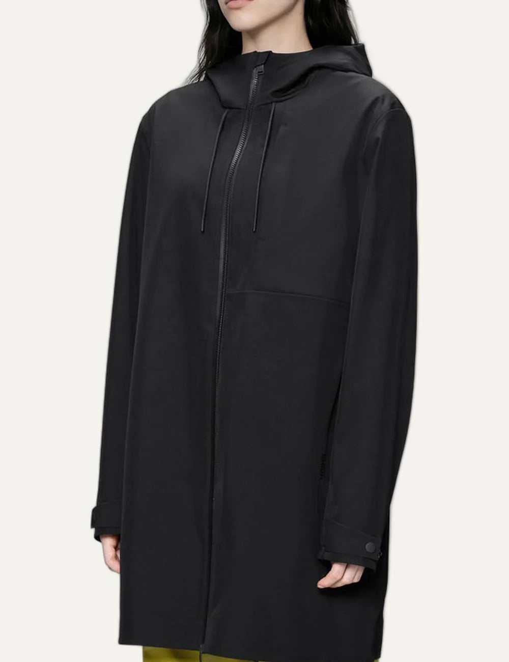 Rains Women’s Black Waterproof Long Softshell Hooded Jacket side