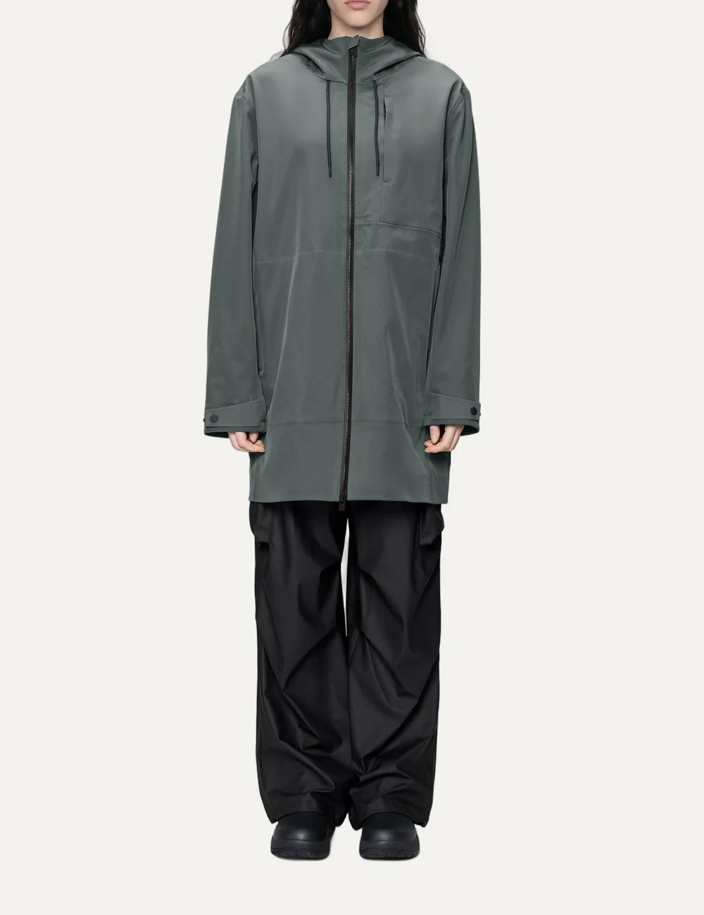  Rains Women’s Dark Grey Waterproof Long Softshell Hooded Jacket full body