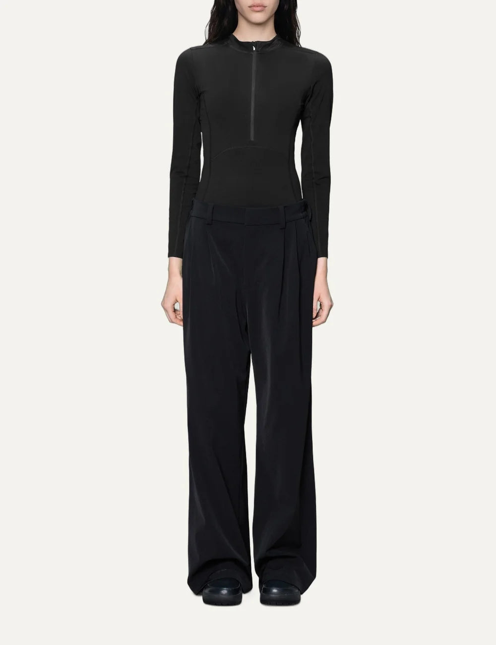 Rains Women’s Black Wide-Leg Technical Stretch Pants full body