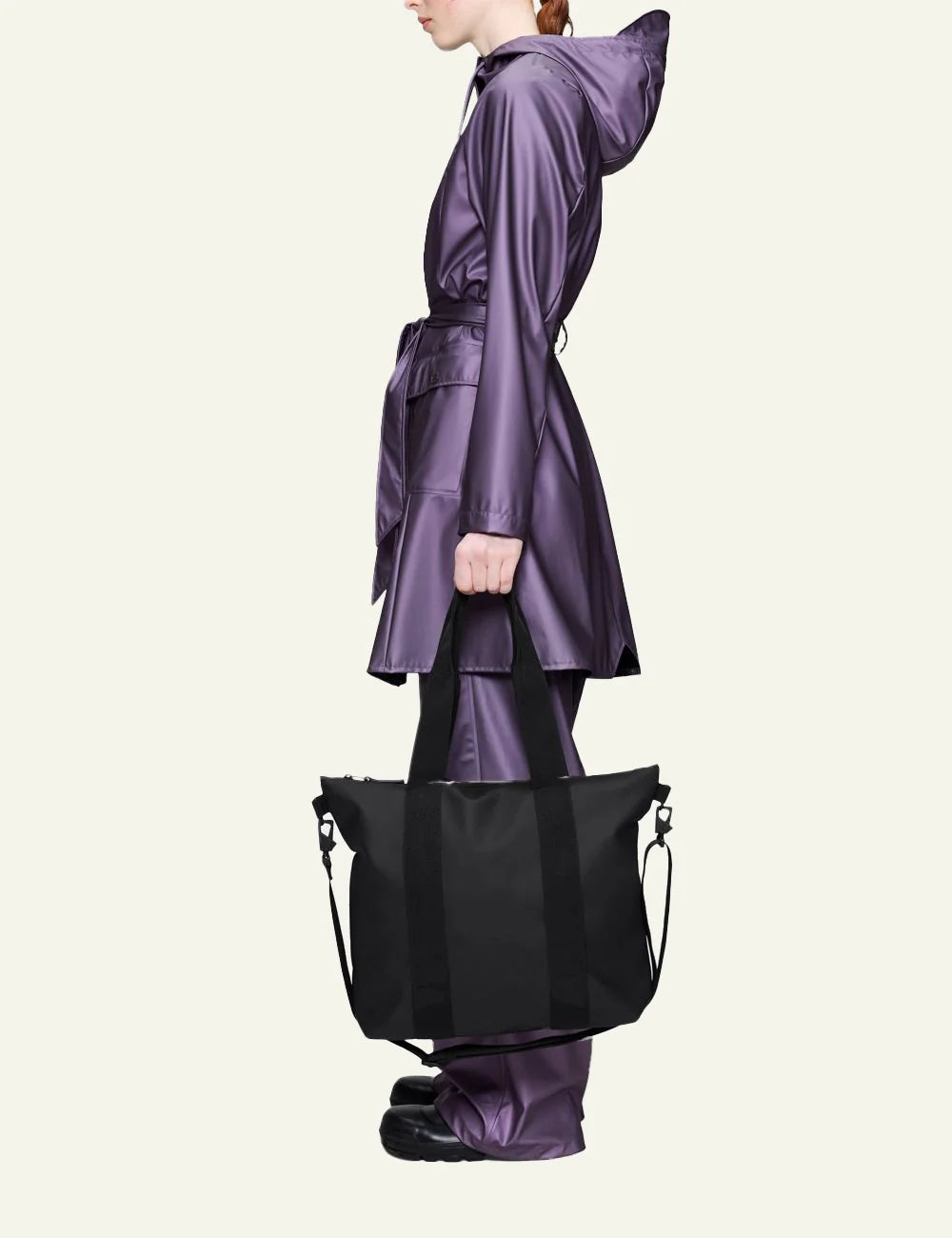 Rains Tote Bag Black model side view