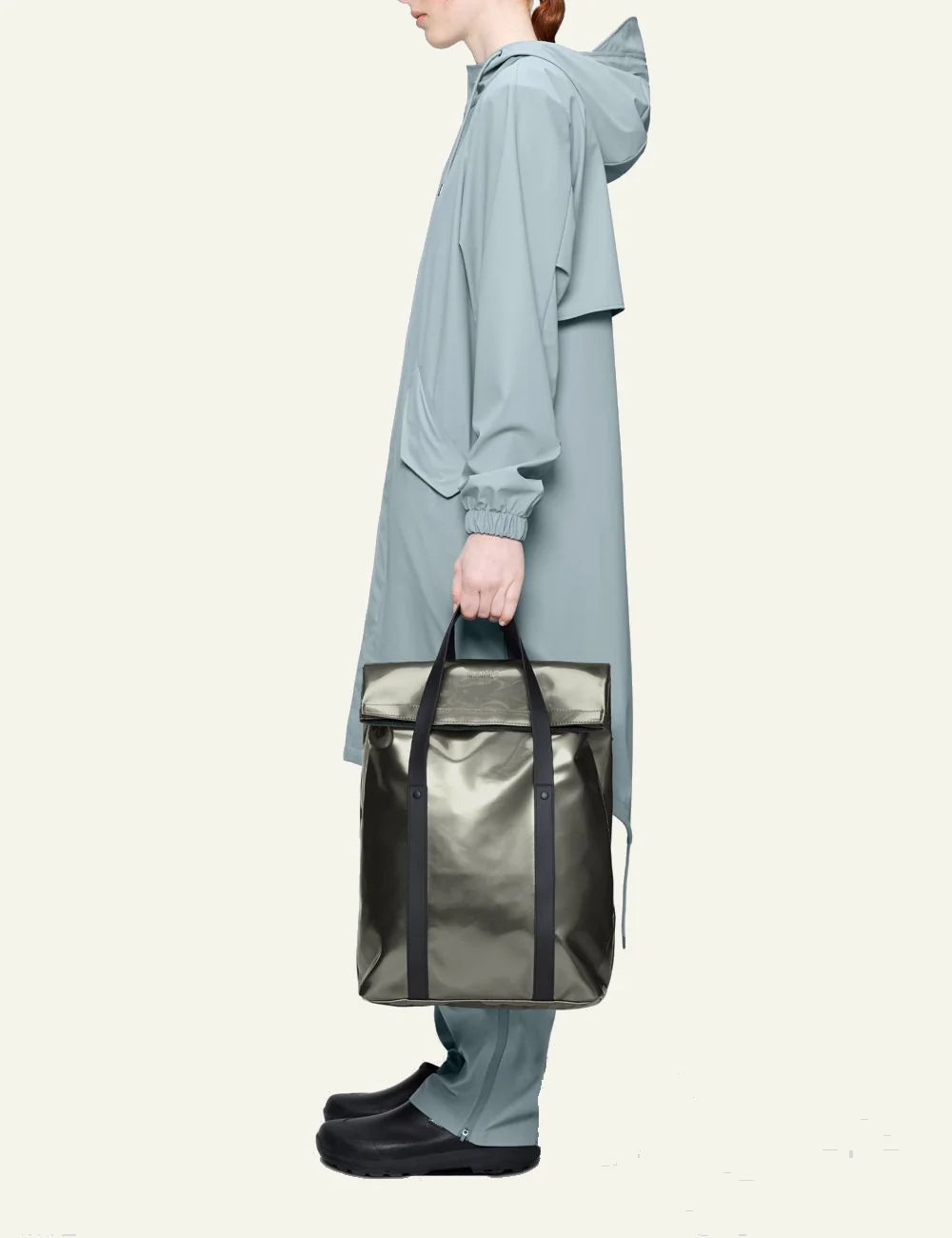 Rains Tote Bag Glossy Olive model side view