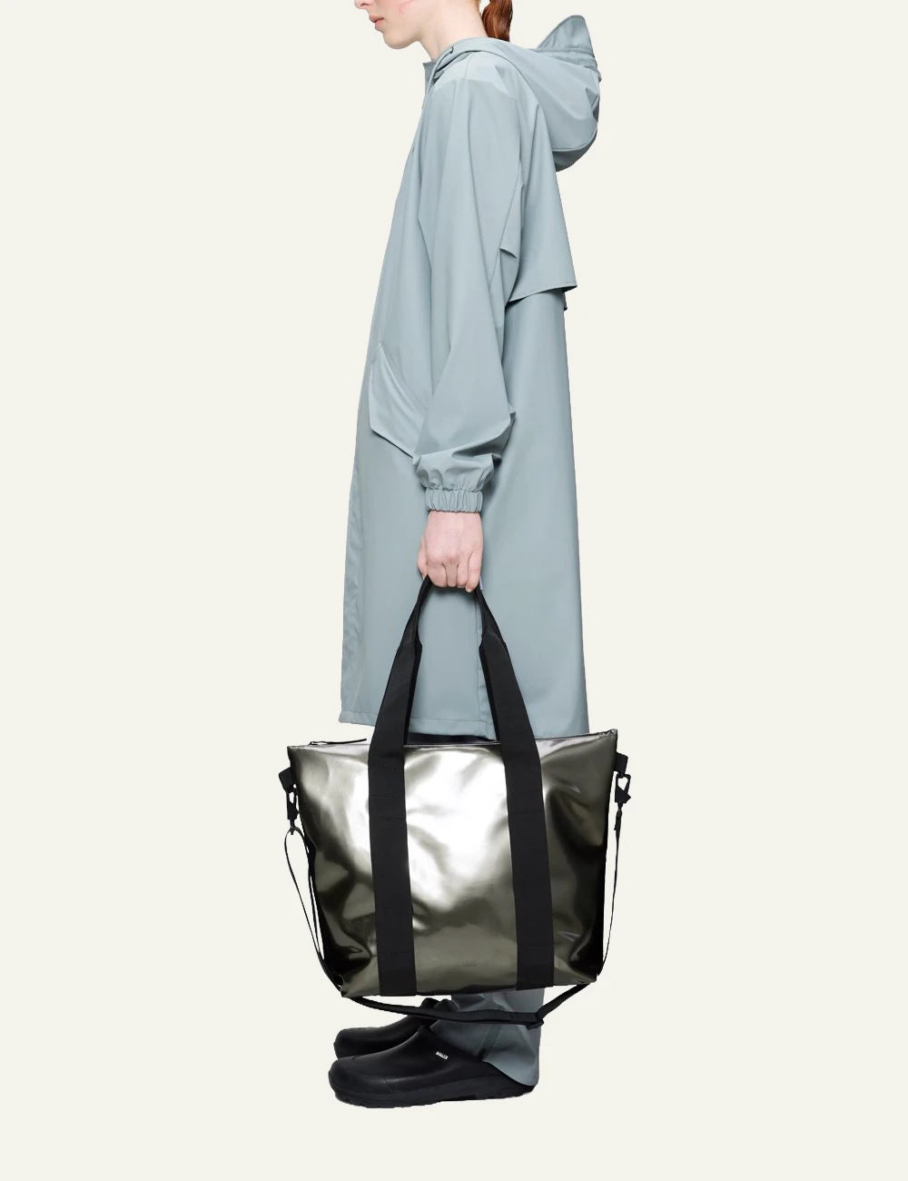 Rains Tote Bag Glossy Olive model side view