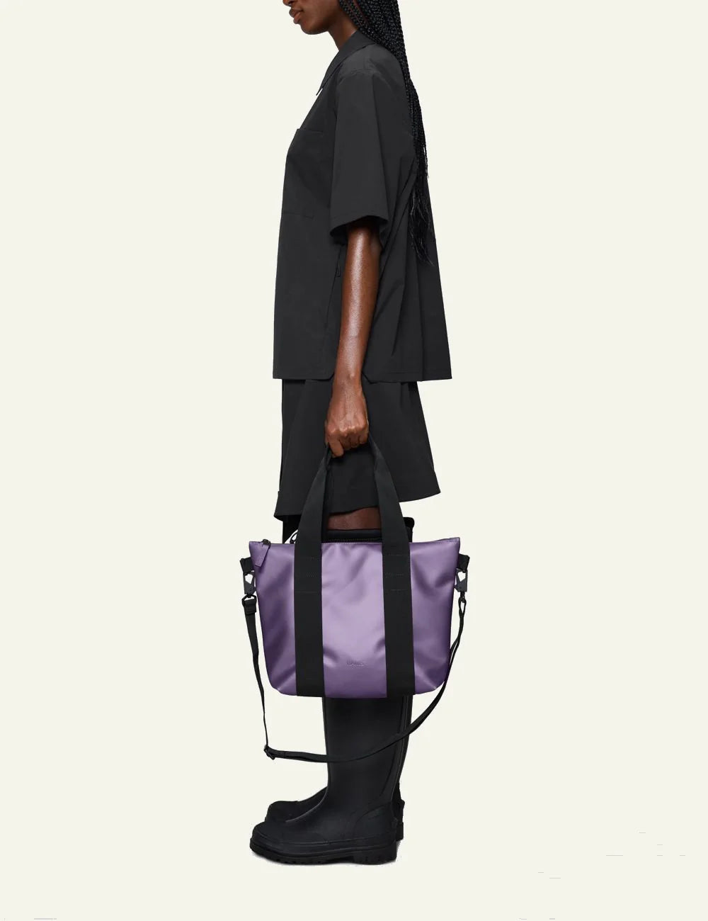 Rains Tote Bag Purple metallic model side view