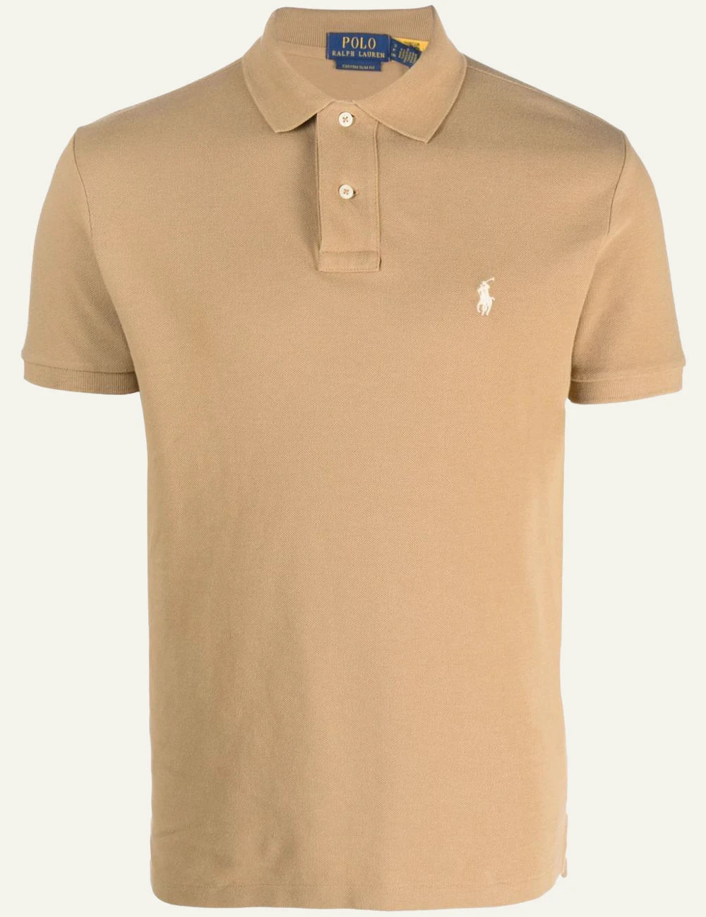 Ralph Lauren beige polo shirt with white pony logo front flat view