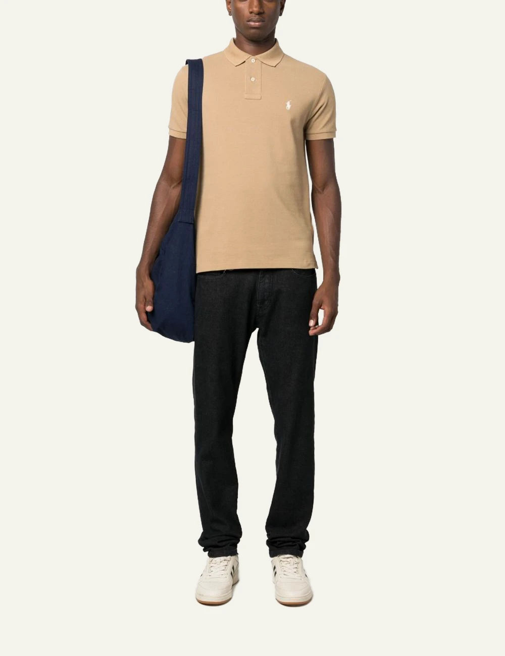 Ralph Lauren beige polo shirt with white pony logo full body view