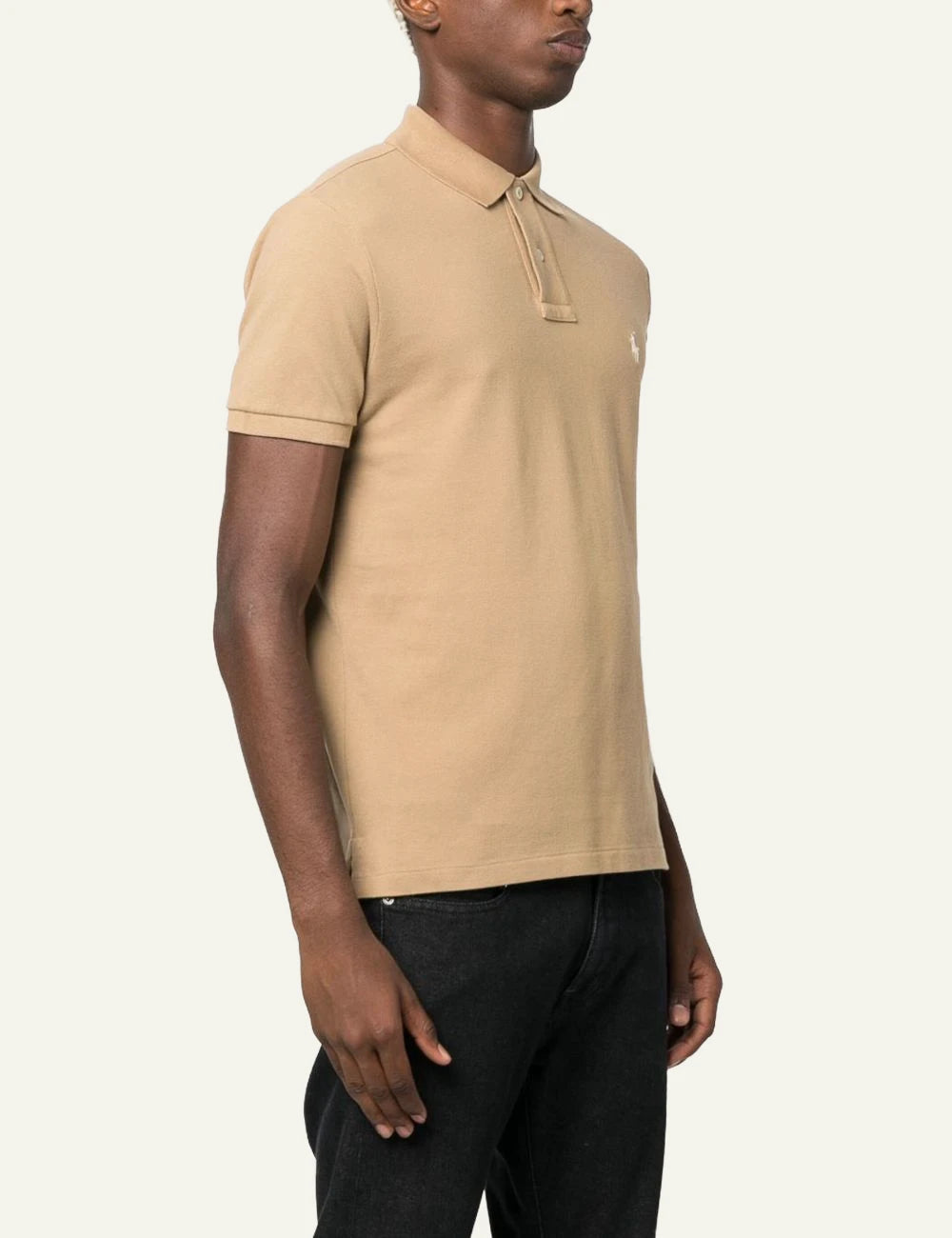 Ralph Lauren beige polo shirt with white pony logo side model view