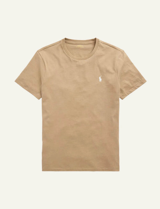 Ralph Lauren beige t-shirt with white pony logo front flat view