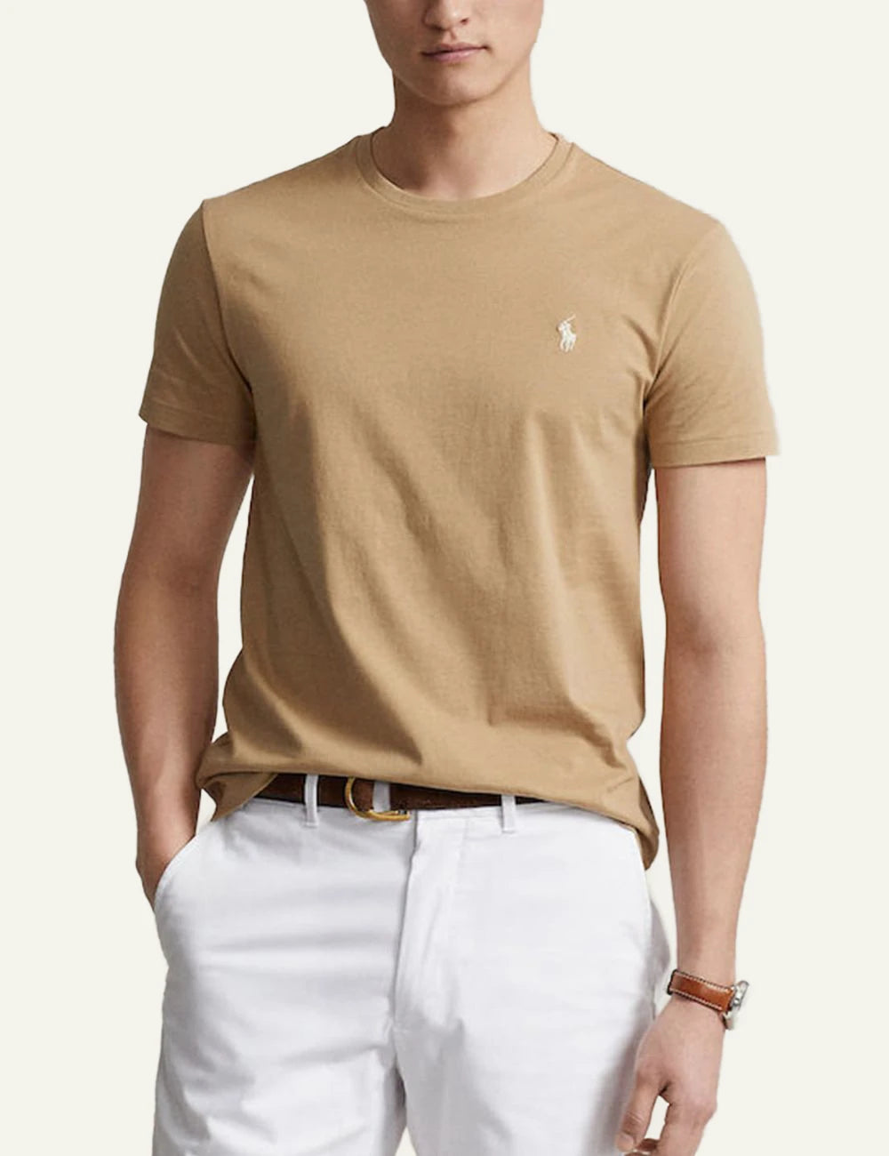 Ralph Lauren beige t-shirt with white pony logo front model view