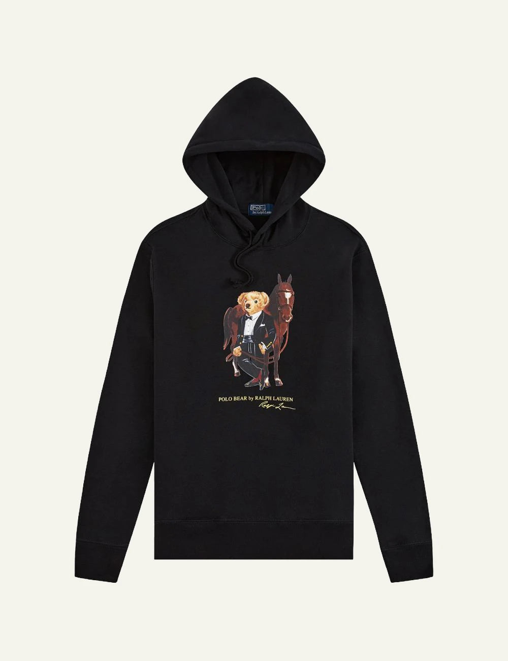 Ralph Lauren black hoodie with Polo Bear tuxedo graphic front flat view